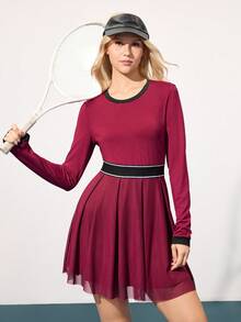 CourtClass Váy tennis xếp ly eo màu tương phản dành cho nữ, Xuân/Thu - Màu Đỏ Sâu - Xem 5