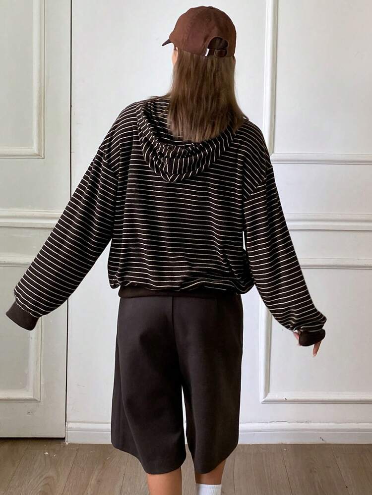 Color Block Striped Loose Hooded Zip-Up Long Sleeve Casual Street Style Sweatshirt For Women, Autumn/Winter