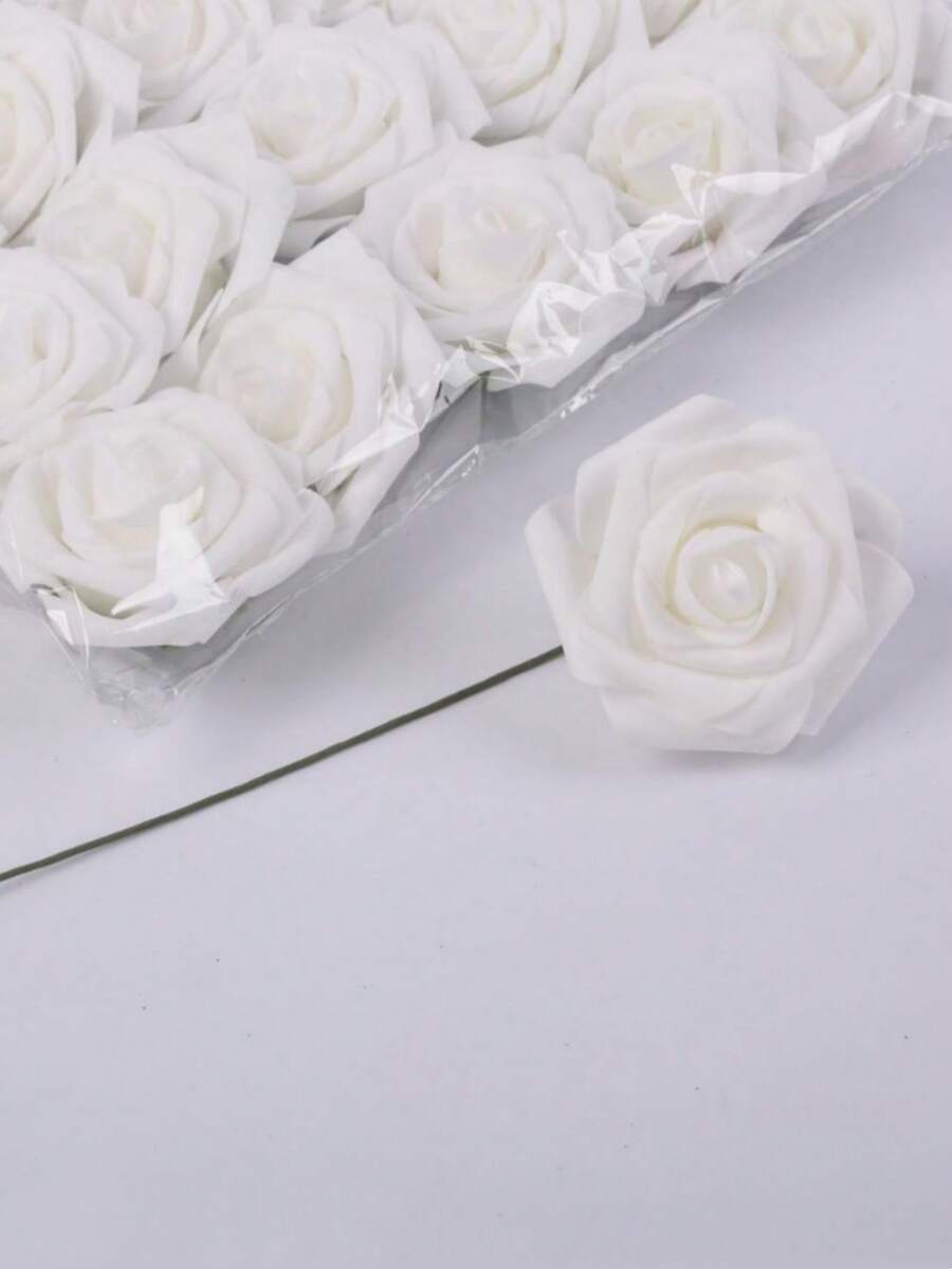 25Pcs/Bag Artificial Flowers Real Looking Foam Fake Roses With Stems For DIY Wedding Bouquets Bridal Shower Centerpieces Arrangements Party Tables Decorations(No Box, Packaged In OPP Bag) - White - View 1