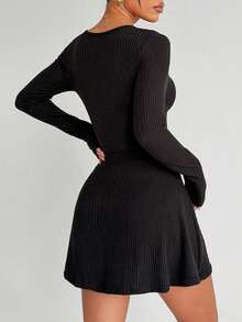 Gameset SHEIN Sport Women's Elegant Long Sleeve V-Neck Ribbed Dress Romper,Black,Autumn,Basic,Elegant,Sexy,Night Party,Asymmetric Hem Side Pockets Tennis Wrap Dress - Black - View 2