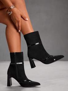 CUCCOO SZL Women's Fashionable Elegant Black Suede Chunky Heel Strap Ankle Boots, Versatile Street Style - Black - View 1