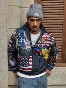 AXEPEAK Men's Fashionable American Style Graphic Print Hoodie Sweatshirt, Autumn - Black - View 5