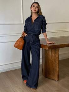 DAZY Women's Denim Collared Jacket With Large Pockets And Straight Leg Jeans Casual Denim Set - Dark Wash - View 5