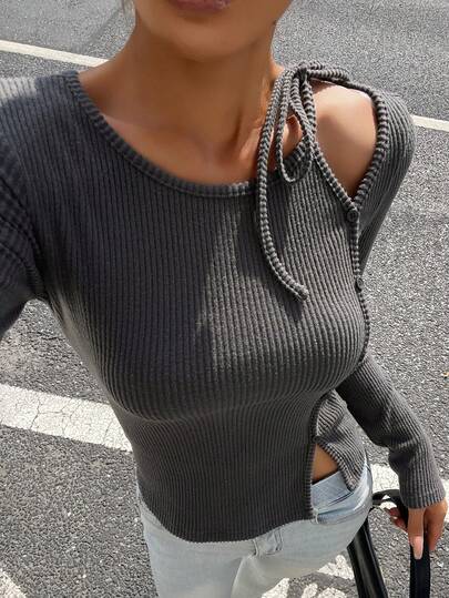 DAZY 女士休闲纯色镂空修身系带T恤，秋季长袖女款Y2k