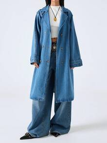 LYSMO 2025年女士极简主义秋冬新款翻领长袖双排扣休闲腰带设计牛仔外套，秋冬圣诞节新年感恩节 - 中等水洗藍 - 查看 5