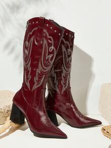 Styleloop 时尚秋冬高跟过膝靴，性感派对长靴，女士 - 酒紅色 - 查看 1