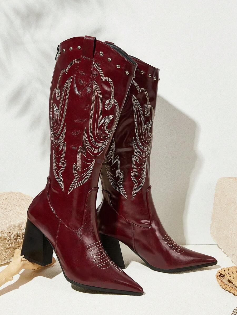 Styleloop 时尚秋冬高跟过膝靴，性感派对长靴，女士 - 酒紅色 - 查看 1