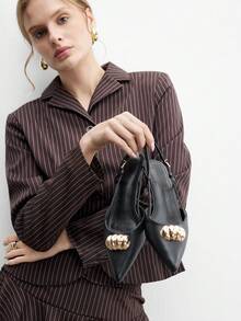 CUCCOO BIZCHIC Giày mũi nhọn nữ có khóa kim loại màu vàng, hở lưng, gót thấp, giày cao gót màu đen, thanh lịch, sang trọng, lãng mạn, gợi cảm, dự tiệc thời trang, duyên dáng cho công việc và kỳ nghỉ - màu đen - Xem 4