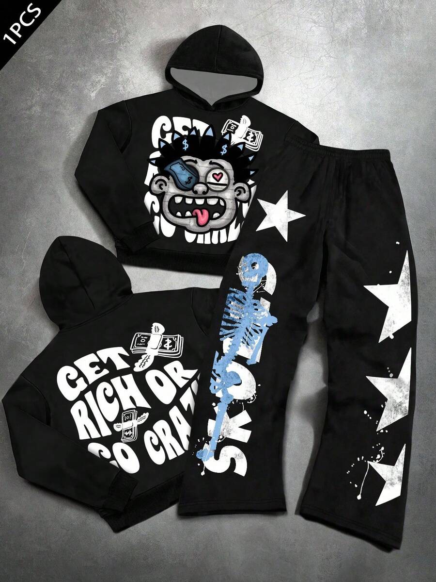 SHEIN 青少年男孩休闲简约秋季新款 Y2K 嘻哈风格星星、火焰、酷炫英文字母图案连帽衫和喇叭裤套装 - 彩色 - 查看 1