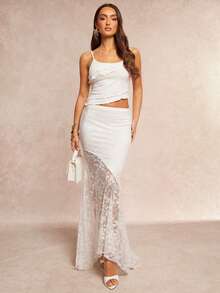 Silquee 两件套女士不对称荷叶边蕾丝吊带背心和不对称下摆半裙，优雅套装，适合婚礼季、情人节、圣诞节、约会、派对、休闲场合。 - 白色 - 查看 8