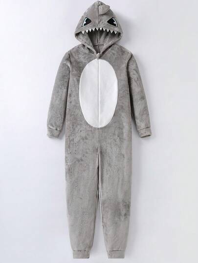 Teenager Jungen Hai Kapuzen Fleece Pyjamas, Grau, Langarm Jumpsuit Nachtwäsche für Herbst/Winter