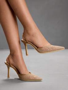 CUCCOO SZL 女士尖头镂空设计时尚高跟穆勒鞋 - 杏色 - 查看 1