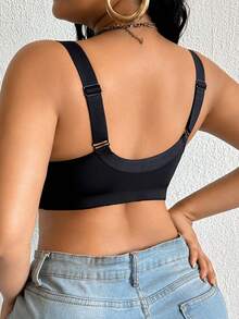 SHEIN 1pc Plus Size Black Wireless Lace Front Zip Closure Comfortable Wide Strap Bra - Black - View 2
