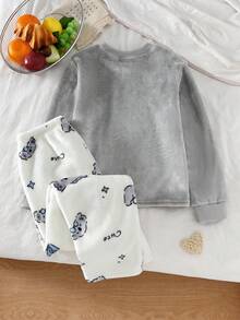SHEIN Mädchen graues flauschiges Sweatshirt mit Rundhalsausschnitt und langem Arm, kombiniert mit süßer Koala-Muster weißer Fleecehose, umkehrbarer Flanell weich & warm 2 Stücke Pyjama Set