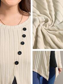 Momelise Plus Size Women's Solid Color Round Neck Regular Shoulder Long Sleeve Ribbed Casual Top - Beige - View 8
