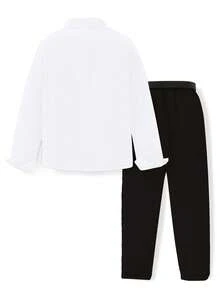 SHEIN 2pcs/Set Teen Boy Gentleman Outfit, Navy Blue Versatile Stylish Long Sleeve Shirt + Khaki Long Pants, Gentleman Suit Set, Business Elegant School Academy Personalized Outfit, Birthday Party Daily Casual Outerwear, Eomantic Minimalist Back To School Season - Multicolor - View 2