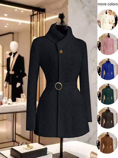 GlowEve كارديجان أنيق للنساء بلون أحادي وياقة مطوية ومنطقة خصر مربوطة، خريف/شتاء