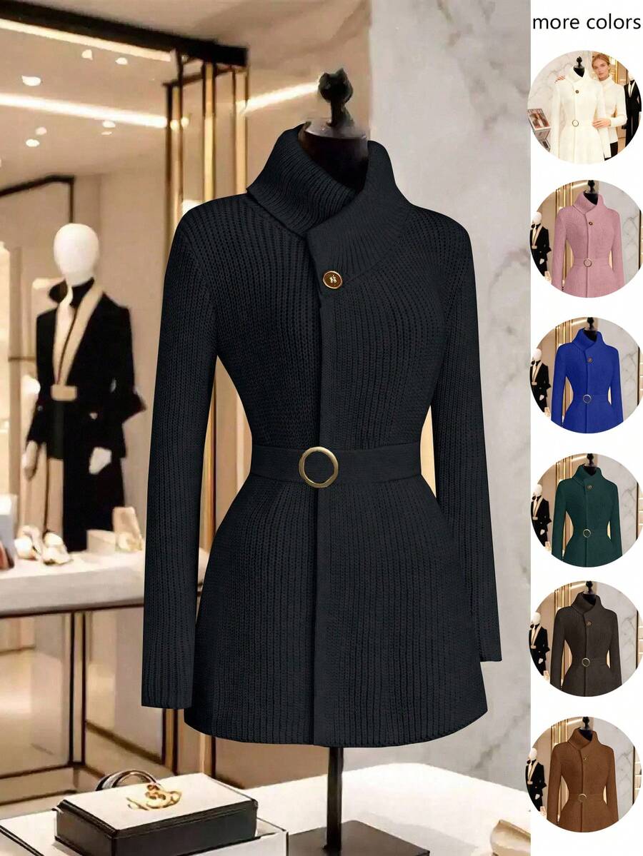 GlowEve 女士优雅纯色翻领系带开衫，秋冬 - 黑色 - 查看 1