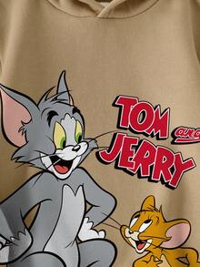 TOM & JERRY X SHEIN 男童休闲卡通图案保暖连帽卫衣，适合秋冬季 - 卡其色 - 查看 5