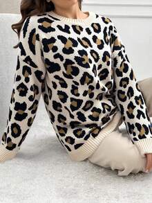 EURMUSE Woman Leopard Jacquard Print Detailed Cozy Soft Oversize Retro Casual Sweater Travel Beige Autumn - White - View 6