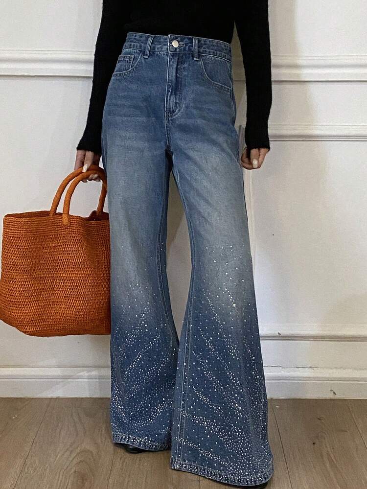Women's Regular Waist Loose Flare Jeans With Gradient Rhinestone Embellishment, Elegant