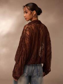 SHEIN Glamour SHEIN Charming Sheer Vintage Ribbon Lace Deep V-Neck Sheer Long Sleeve Loose Women's Shirt Top, Brown French Fashion Lace Tie Collar Hollow-Out Sexy Turn-Down Collar Long Sleeve Women's ShirtvintageVacay Vibestrendy Basic AuStreetwearSkin RevealingRetro ChicMinimalist Stylegirly AuElevated Elegance - Brown - View 2