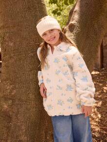 SHEIN Chaqueta con cuello alto, manga larga, con cremallera, de forro polar, con bordado floral, de estilo casual y elegante para niñas, para otoño/invierno - Blanco - Ver 4