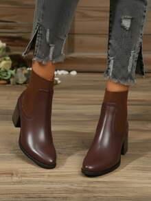 Botines para mujer cuero sintético+punta redonda+sin cordones+tacón grueso+estilo elegante clásico+oficina diario+botas Chelsea - Camel - Ver 3