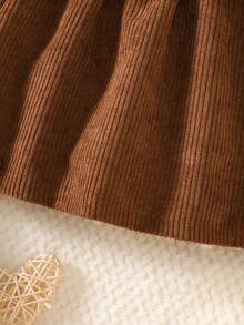 SHEIN 新生女婴白色长袖坑条纹拼接红色灯芯绒面料蝴蝶结连衣裙和头带优雅复古可爱 - 棕色 - 查看 5