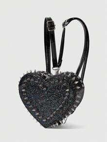 ROMWE Grunge Punk Ba lô đinh tán phong cách Punk Street Preppy Y2K dễ thương dành cho nữ, ba lô đi học. - Màu đen - Xem 2