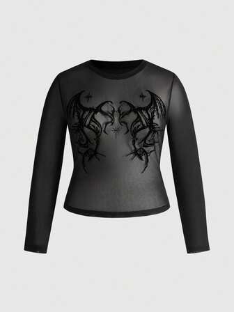 Plus Size Gothic Bat Wing Flocked Texture Sexy Cutout Long Sleeve Top For Women
