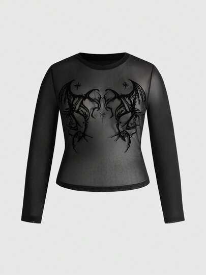 Plus Size Gothic Bat Wing Flocked Texture Sexy Cutout Long Sleeve Top For Women