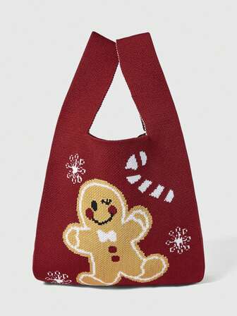 Kawaii Sac fourre-tout tricoté rouge avec motif d'homme en pain d'épices et de flocons de neige de Noël, sac à main décontracté festif
