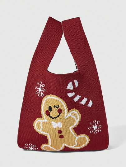 Kawaii Sac fourre-tout tricoté rouge avec motif d'homme en pain d'épices et de flocons de neige de Noël, sac à main décontracté festif