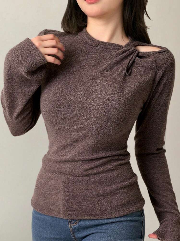 Women's Solid Color Fitted Twist Hollow Long Sleeve Elegant Base Layer Top, Autumn/Winter
