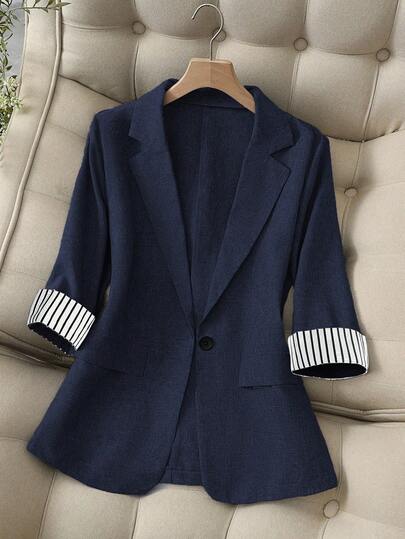 Franclia Fashionable Casual/Office Commute Lapel Neck Striped Splice Single-Button Fitted 3/4 Sleeve Women Jacket, High-End Navy Blue, Spring/Autumn