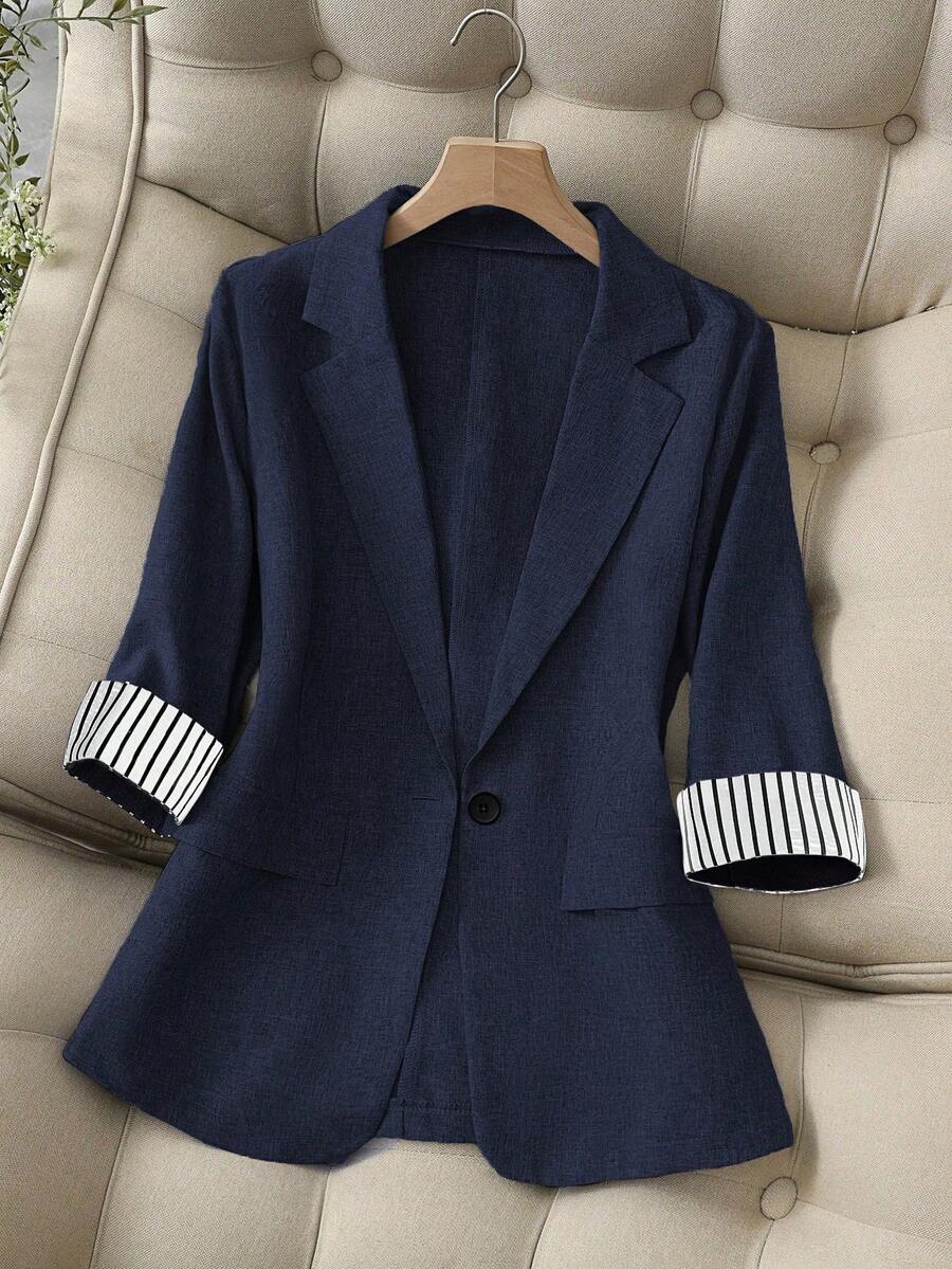 Franclia 时尚休闲/办公室通勤翻领条纹拼接单扣修身七分袖女式夹克，高端海军蓝，春秋 - 藏蓝色 - 查看 1
