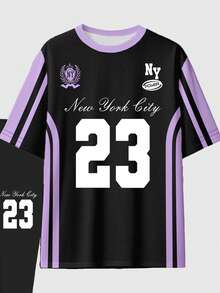 SHEIN Women's Casual Fashion Creative Number 23 & Slogan Graphic Print Short Sleeve Top And Skinny Leggings 2 Pieces Set, Street Sporty Style