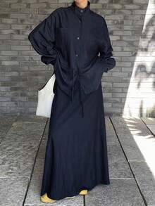 DAZY Women's Stand Collar Cinched Waist Waist Top And Long Skirt Casual 2 Pieces Set - Navy Blue - View 3