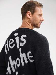 Manfinity Homme 男士休闲标语印花开衫，秋冬季毛绒针织衫，基督教男士黑白图案长袖开衫上衣 - 黑色 - 查看 4