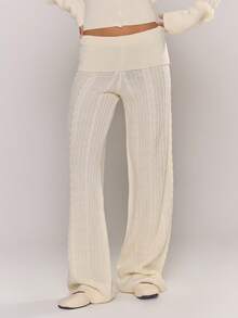 MUSERA 针织翻边直筒裤（仅裤子） 秋季 冬季 圣诞节 新年 夜生活 性感 优雅 休闲 可爱 少女 酷女孩 新年 - 奶油色 - 查看 2