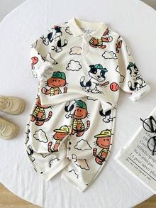 SHEIN 2pcs Young Boys Toddler Infant Kids Cute Casual Cream White All Over Cartoon Animal Cat Dog Playing Baseball Print Graphic Long Sleeve Turn Down Collar Button Polo Shirt Sweatshirt Tops And Elastic Waist Sweatpants Joggers Pants Two Piece Outfit Sets Thick Soft Clothes For Daily Wear School Fall Autumn Winter - Light Grey - View 7