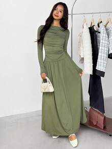 SHEIN 少女休闲简约舒适长袖束腰中长连衣裙