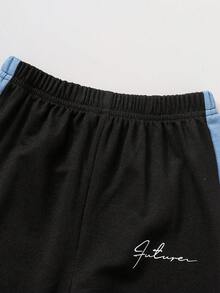SHEIN Genkimix Kids 2件套年轻男孩休闲撞色字母印花卫衣和裤子套装，秋季 - 彩色 - 查看 4