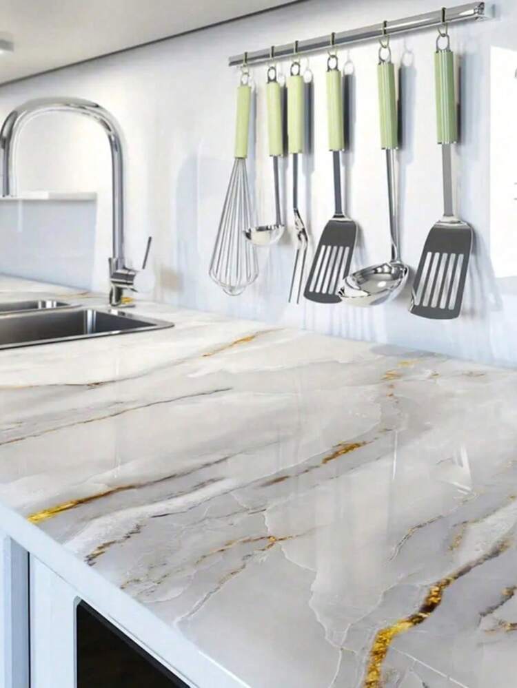 1個 厚手の大理石柄 防水 耐油 はがせる 粘着壁紙ロール 自己接着式 コンタクトペーパー キッチンカウンター キャビネット 棚ライナー 引き出し装飾 ホームインプルーブメント リノベーション - ホワイトゴールド - 見る 2