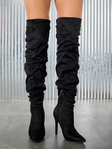 CUCCOO SZL 女士绒面细高跟黑色靴子，性感派对/舞会靴，阔腿靴，褶皱靴，过膝长靴，秋冬 - 黑色 - 查看 2