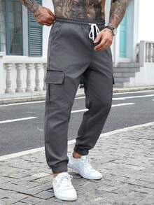 Manfinity Homme 男士成熟街头风弹力腰带抽绳工装裤 灰色工装裤 男士休闲工装慢跑裤 男士休闲裤 男士工装裤 - 深灰色 - 查看 7