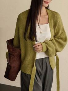 Dazy-Less Women's Elegant Cardigan Sweater, Casual Business Style With Oblique Placket And Waist Cinching, Suitable For Autumn And Winter - Green - View 2