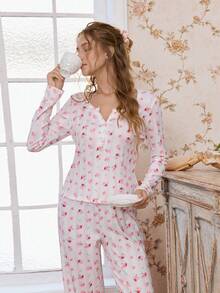CottageSlumber 碎花圆领半拉链长袖上衣和裤子睡衣套装，女士秋冬装 - 粉色 - 查看 4