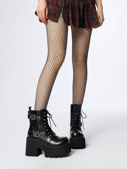 Grunge Punk Botines de mujer de estilo gótico punk con puntera redonda, suela gruesa y cuña, decorados con ojetes y hebillas metálicos, cómodos botines de tacón grueso de cuero negro para uso al aire libre, ir al trabajo y fiestas